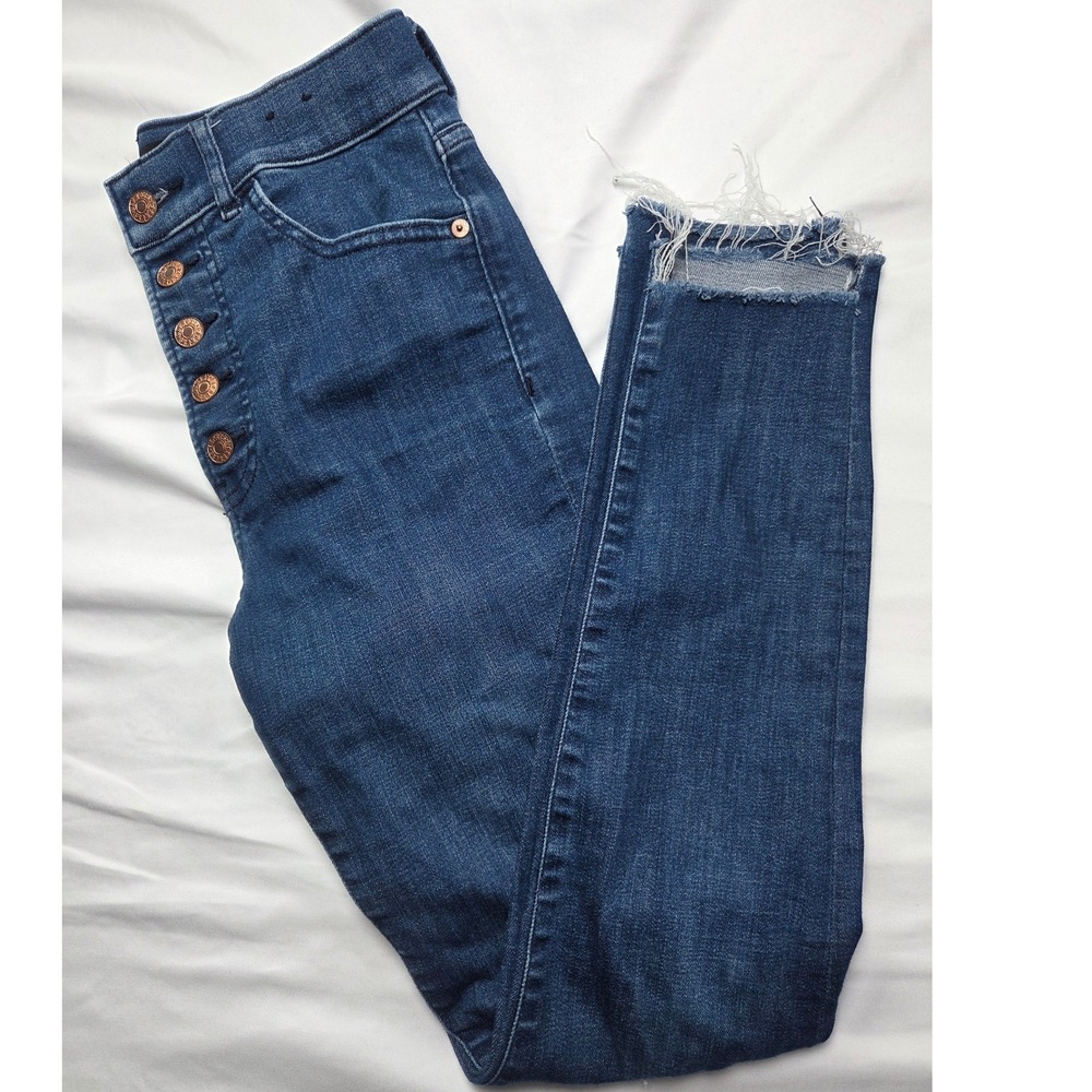 Express Skinny High Rise Button Fly Raw Hem Jeans Medium Wash Blue 2R